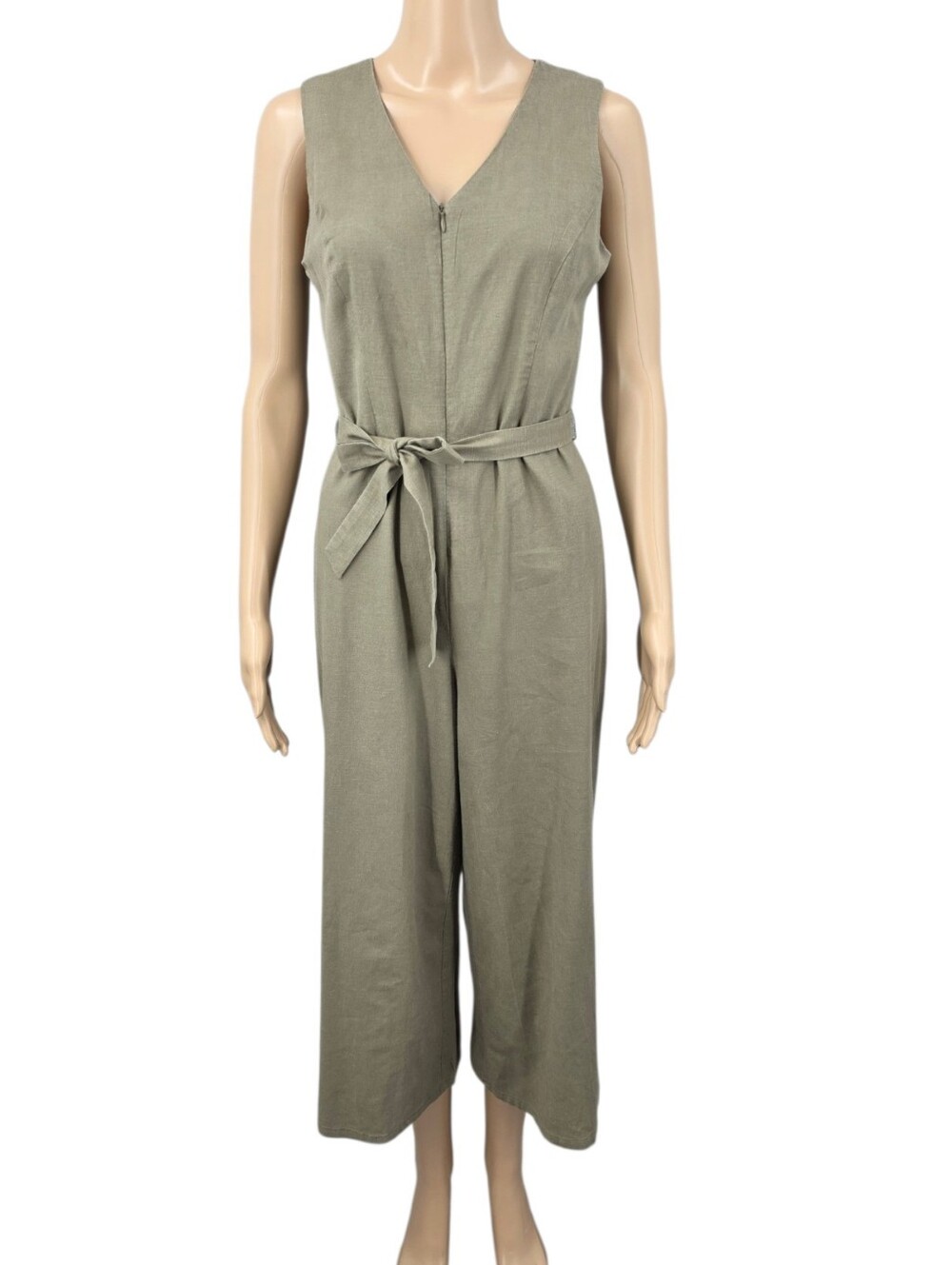 Tahari Linen Blend Belted Cropped Jumpsuit Khaki Olive